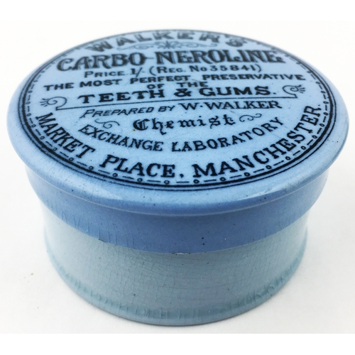 2 - MANCHESTER POT LID. 2.75ins diam. Most unusual light blue bodied lid for ‘Walker’s/ Carbo-Neroline/ ... 