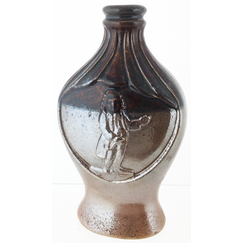 4 - MOULDED FLASK 8.3ins tall. Top section deep, variating, dark brown, lower section a mid brown - a de... 