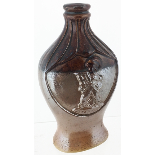 4 - MOULDED FLASK 8.3ins tall. Top section deep, variating, dark brown, lower section a mid brown - a de... 