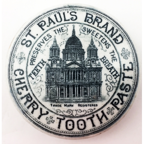 13 - ST PAULS BRAND CHERRY TOOTH PASTE POT LID.. 3ins diam. Interesting variant surround to the large St ... 