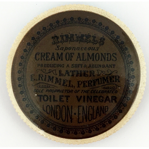 23 - RIMMELS CREAM OF ALMONDS LONDON POT LID & BASE. A very large 3.9ins diam. pot lid with nine lines of... 