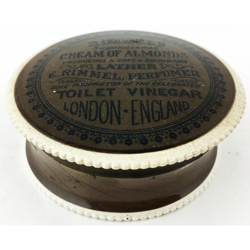 23 - RIMMELS CREAM OF ALMONDS LONDON POT LID & BASE. A very large 3.9ins diam. pot lid with nine lines of... 