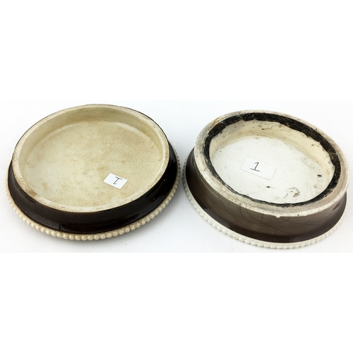 23 - RIMMELS CREAM OF ALMONDS LONDON POT LID & BASE. A very large 3.9ins diam. pot lid with nine lines of... 