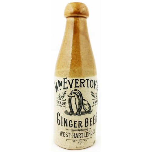 24 - WM EVERTONS HARTLEPOOL GINGER BEER BOTTLE 8ins tall, ch., t.t., cork closure. Large pictorial trade ... 