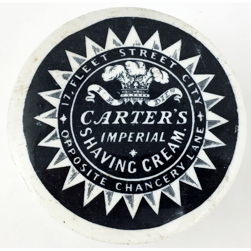 26 - CARTERS SHAVING CREAM POT LID & BASE. (APL p 272) 3.3ins diam. Very strong black transfer with decor... 