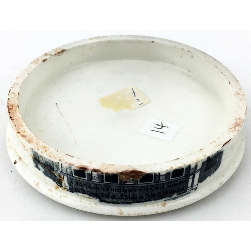 26 - CARTERS SHAVING CREAM POT LID & BASE. (APL p 272) 3.3ins diam. Very strong black transfer with decor... 