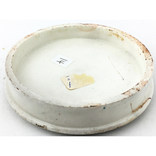 26 - CARTERS SHAVING CREAM POT LID & BASE. (APL p 272) 3.3ins diam. Very strong black transfer with decor... 