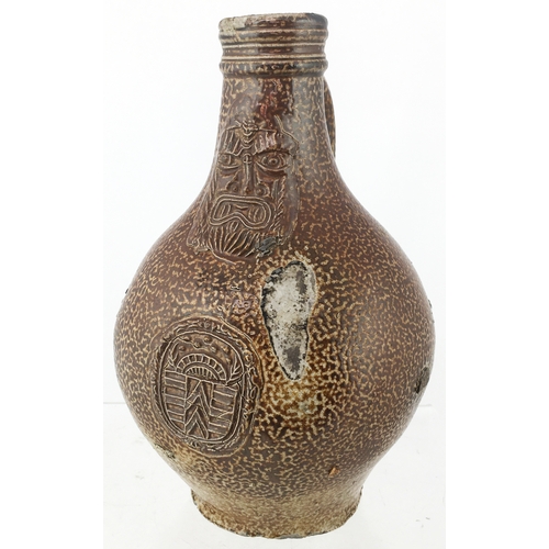 27 - BELLARMINE JUG. 8.4 ins tall, delicious ‘classic’ mid brown salt glaze - real ‘tiger glaze’ look. Bu... 