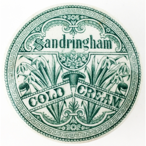 33 - SANDRINGHAM COLD CREAM POT LID & BASE. 3.1ins diam. A very good strong crisp green transfer design f... 