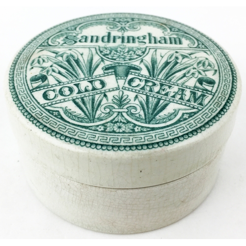 33 - SANDRINGHAM COLD CREAM POT LID & BASE. 3.1ins diam. A very good strong crisp green transfer design f... 