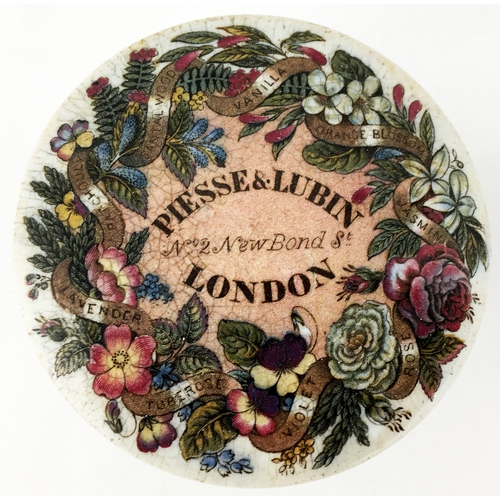 35 - LONDON PIESSE & LUBIN POT LID & BASE. (APL, p366) 3ins diam. Multicoloured lid featuring flowers, in... 