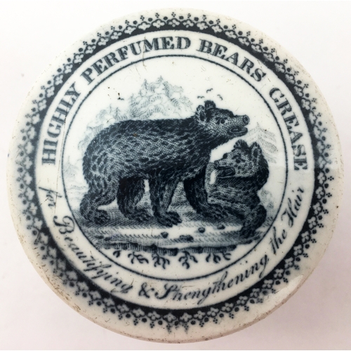 42 - HIGHLY PERFUMED BEARS GREASE POT LID & BASE. 2.7ins diam. Two detailed bruins in tree lined landscap... 