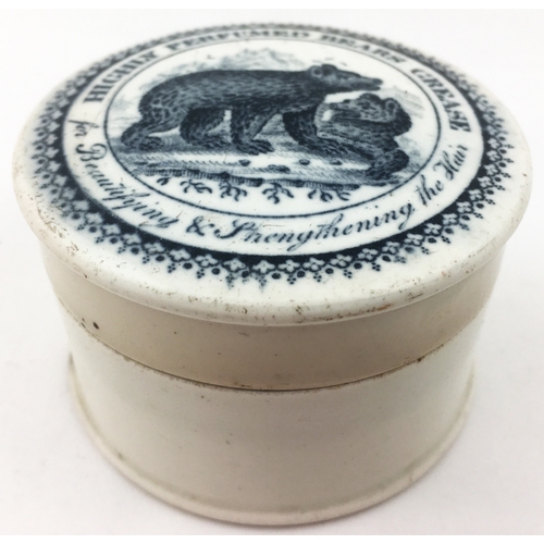 42 - HIGHLY PERFUMED BEARS GREASE POT LID & BASE. 2.7ins diam. Two detailed bruins in tree lined landscap... 