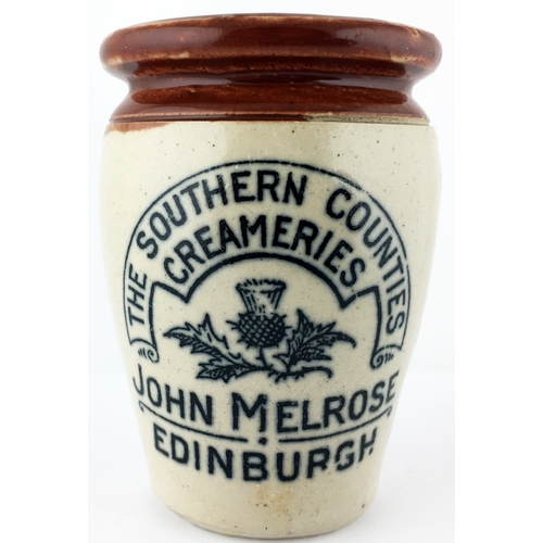 61 - JOHN MELROSE EDINBURGH CREAM POT. 2.9ins tall, red brown top, indent for cardboard closure. Large th... 