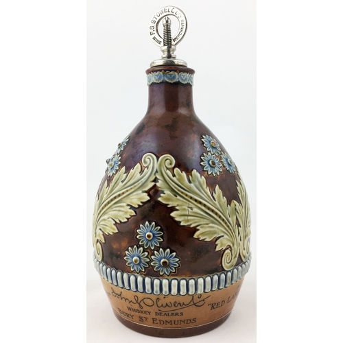 67 - JOHN OLIVENT DOULTON MADE WHISKY FLAGON. 9.2ins tall. Unusual pear shape, with bottom sliced off, Do... 