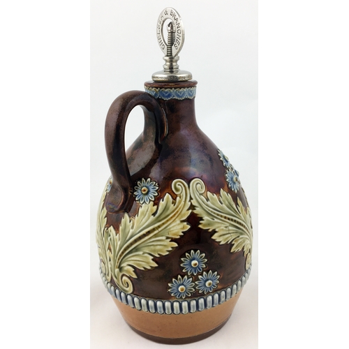 67 - JOHN OLIVENT DOULTON MADE WHISKY FLAGON. 9.2ins tall. Unusual pear shape, with bottom sliced off, Do... 