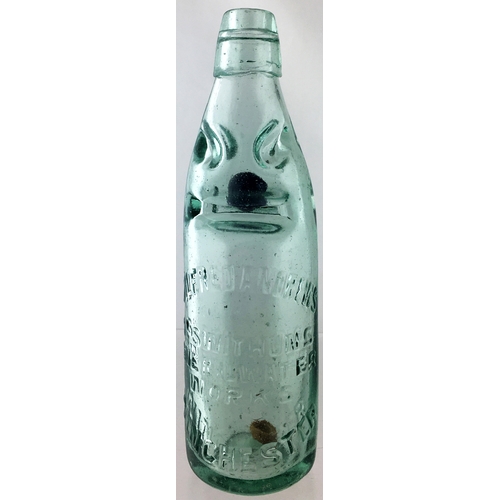 68 - WINCHESTER BLUE MARBLE CODD BOTTLE. 9ins tall, aqua glass 4 neck pinch 10oz codd bottle with a cobal... 