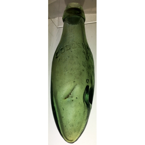 70 - CODD’S PATENT BODY PINCH OVATE. 7.3ins long, aqua glass. Perhaps seen as a ‘hybrid’ by todays collec... 