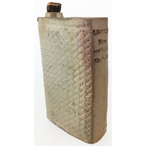 80 - LONDON PUB NAMED PURSE SHAPED FLASK. 6.5ins tall, rectangular slim bodied salt glaze flask, variatin... 