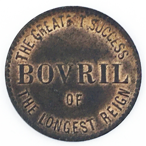 72 - BOVRIL COMMEMORATIVE COIN. 2cms diam. metal coin, embossed ‘Souvenir Of The/ Diamond Jubilee/ Year/ ... 