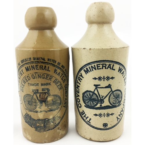 73 - COVENTRY MINERAL WATER COMPANY GINGER BEER DUO. Tallest 6.7ins. Both std, all tan is int. stopper, b... 