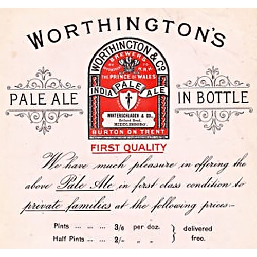 76 - WORTHINGTON’S IN BOTTLE PUB JUG. 6.6ns tall. White bodied Worthington’s pub of tapering cylindrical ... 