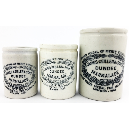 78 - JAMES KEILLER DUNDEE MARMALADE MINIATURE JARS. The tallest 3ins high. A trio of different sized marm... 