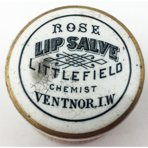 108 - ISLE OF WIGHT POT LID & BASE. 1.7ins diam. ‘ROSE/ LIP SALVE/ LITTLEFIELD/ CHEMIST/ VENTNOR, I.W.’ Va... 