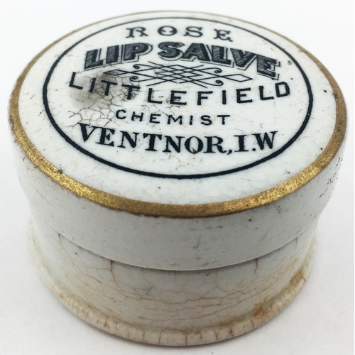 108 - ISLE OF WIGHT POT LID & BASE. 1.7ins diam. ‘ROSE/ LIP SALVE/ LITTLEFIELD/ CHEMIST/ VENTNOR, I.W.’ Va... 