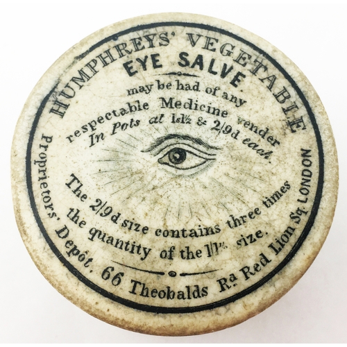 111 - LONDON EYE SALVE POT LID & BASE. 1.75ins diam. An early flat topped & unusual lid with much writing ... 