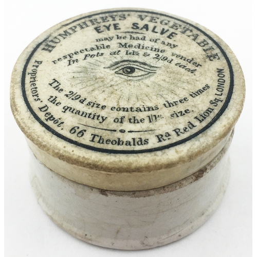 111 - LONDON EYE SALVE POT LID & BASE. 1.75ins diam. An early flat topped & unusual lid with much writing ... 