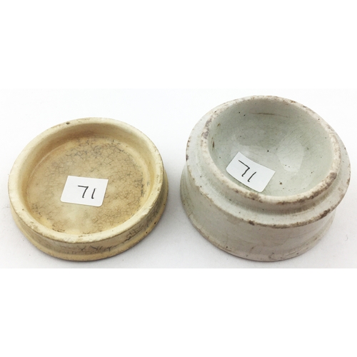 111 - LONDON EYE SALVE POT LID & BASE. 1.75ins diam. An early flat topped & unusual lid with much writing ... 