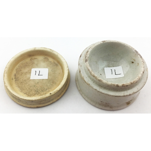 111 - LONDON EYE SALVE POT LID & BASE. 1.75ins diam. An early flat topped & unusual lid with much writing ... 