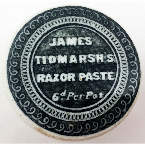 116 - JAME’S TIDMARSH’S RAZOR PASTE POT LID & BASE 1.8ins diam. An unusual small lid arranged as an entire... 