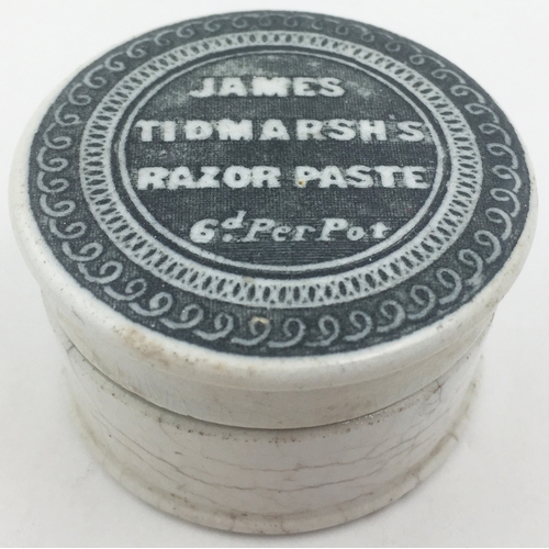 116 - JAME’S TIDMARSH’S RAZOR PASTE POT LID & BASE 1.8ins diam. An unusual small lid arranged as an entire... 