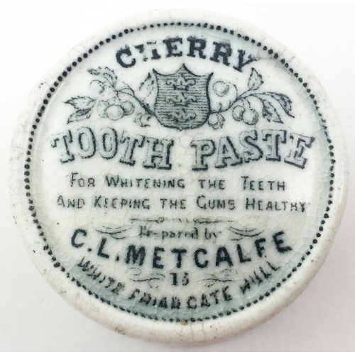 123 - C L METCALFE HULL CHERRY TOOTH PASTE SAMPLE POT LID & BASE. 1.2ins diam.  A fairly complex/ busy des... 