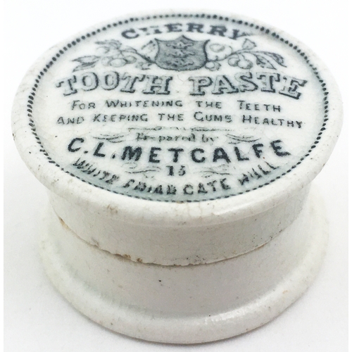 123 - C L METCALFE HULL CHERRY TOOTH PASTE SAMPLE POT LID & BASE. 1.2ins diam.  A fairly complex/ busy des... 