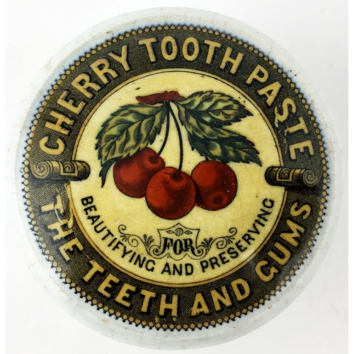 82 - COLOURED CHERRIES CHERRY TOOTH PASTE POT LID & BASE. 3.1ins diam. Strongly coloured cherries and lea... 