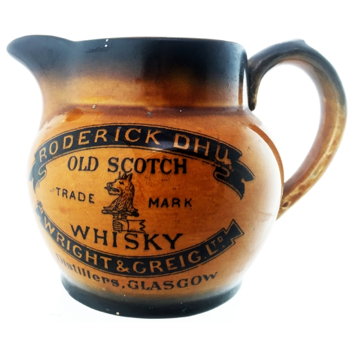 88 - RODERICK DHU WRIGHT & GREG Ltd OLD SCOTCH WHISKY WATER JUG. 3.8ins tall. Bulbous body with straight ... 