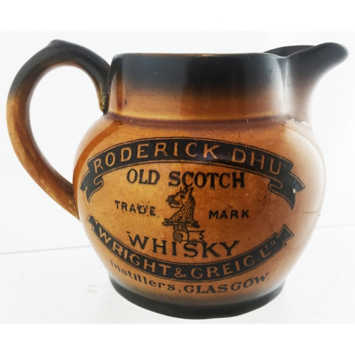 88 - RODERICK DHU WRIGHT & GREG Ltd OLD SCOTCH WHISKY WATER JUG. 3.8ins tall. Bulbous body with straight ... 