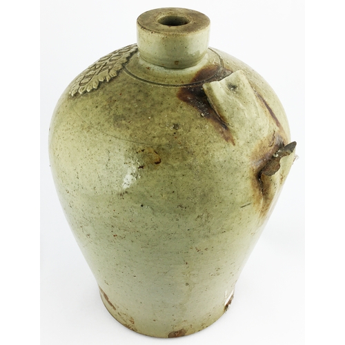 89 - RETFORD SLAB SEALED FLAGON. 11.7ins tall, grey green slip glaze shapely one gallon flagon, rear hand... 