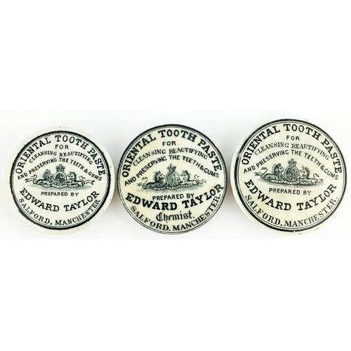 90 - DWARD TAYLOR MANCHESTER POT LID TRIO. Largest 3ins diam. Variations on the well known tooth paste li... 