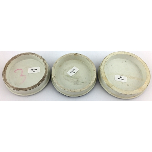 90 - DWARD TAYLOR MANCHESTER POT LID TRIO. Largest 3ins diam. Variations on the well known tooth paste li... 