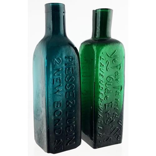 91 - PHARMACY BOTTLE DUO. Tallest 5.5ins, square bodied, tooled lips. One turquoise ‘Piesse & Lubin’, the... 