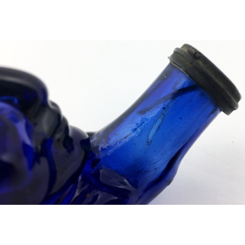 124 - BENJAMIN FRANKLIN FIGURAL TEAKETTLE FOUNTIAN INK BOTTLE. 4.25ins long, 2.75ins tall. Medium cobalt b... 