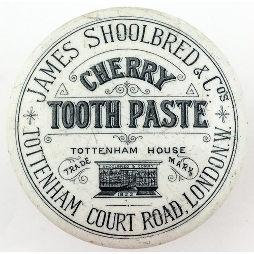 124A - JAMES SCHOOLBRED LONDON TOOTH PASTE POT LID & BASE. 3.1ins diam. Shop front pictorial of Schoolbreds... 