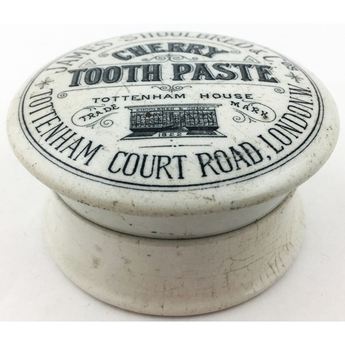 124A - JAMES SCHOOLBRED LONDON TOOTH PASTE POT LID & BASE. 3.1ins diam. Shop front pictorial of Schoolbreds... 