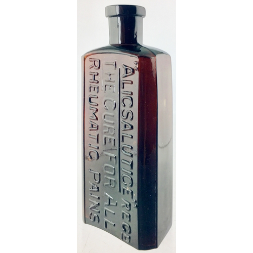 126 - ALICSALUTICE QUACK CURE BOTTLE. 5ins tall rectangular medicine bottle shape with facetted corners & ... 