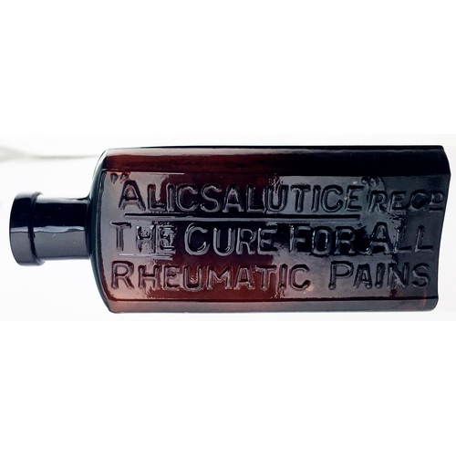 126 - ALICSALUTICE QUACK CURE BOTTLE. 5ins tall rectangular medicine bottle shape with facetted corners & ... 