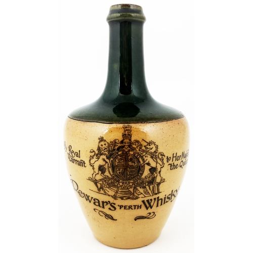 136 - DEWARS PERTH WHISKY JUG.  (WG p55, B130). 7.9ins tall. Green top, lower mid brown salt glaze, rear h... 